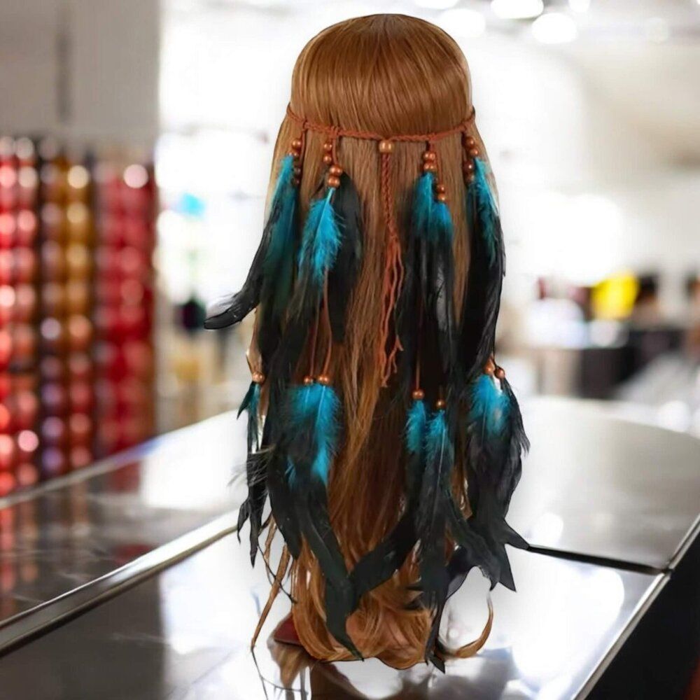Feather Long Beaded Leather Headband Boho Tribal Headdress - NEW